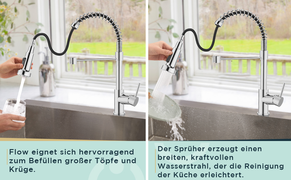 Змішувач кухонний FORIOUS висувний з душем, однорідний, 360° обертання, хром, з витяжкою