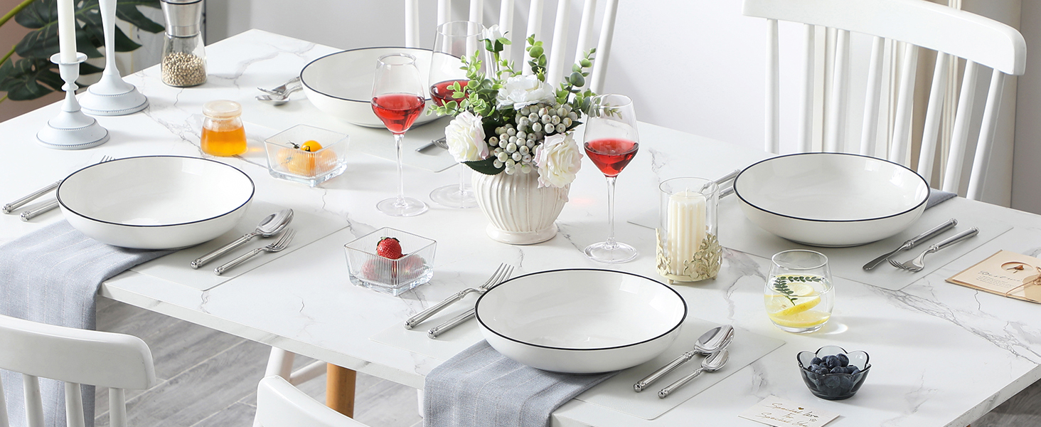 MALACASA Набір посуду 6 шт. з порцеляни: тарілки для пасти, супу, салату, сервірування. Білий з чорним обідком, 1250 мл