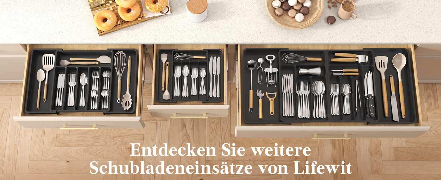 Органайзер для столових приладів Lifewit в шухляду, регульований, пластиковий, 33-57 см, глибина 38 см, чорний