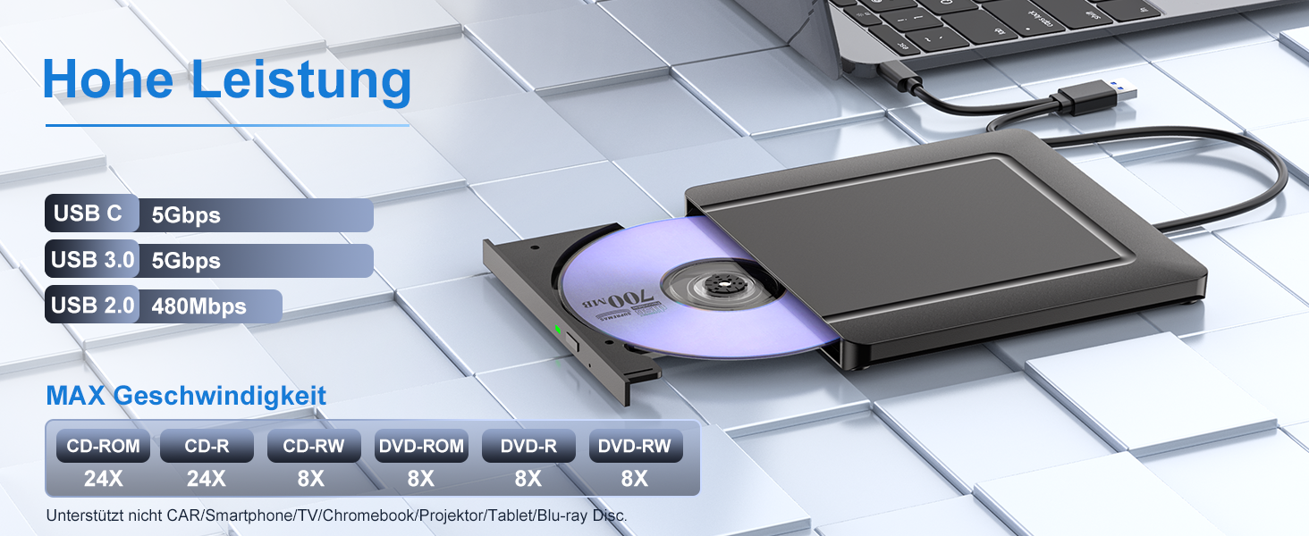 Зовнішній CD/DVD привід USB 3.0 та USB-C, ультратонкий оптичний накопичувач CD DVD +/-RW ROM для ноутбука, ПК, MacBook (Windows, macOS, Linux), чорний
