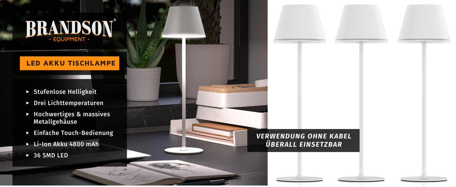 Світлодіодний акумуляторний настільний світильник Brandson з димером (3 в наборі) - білий. Бездротовий, сенсорний, з регулюванням яскравості (теплий/нейтральний/холодний білий). Металевий світильник для столу, нічника, читання, в приміщенні/на вулиці.