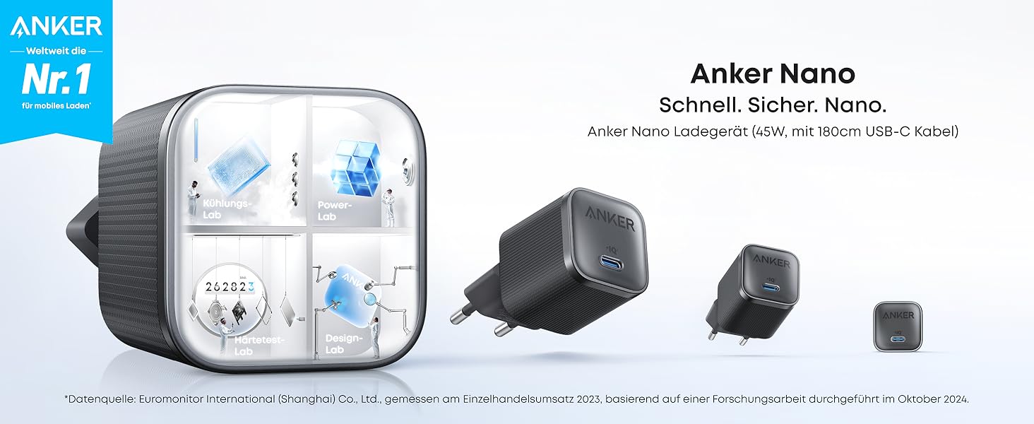 Anker Nano 45W USB-C Зарядний пристрій: Компактний мережевий адаптер для швидкої зарядки iPhone 17/Pro/Max, MacBook, Pixel, iPad, Samsung Galaxy (з кабелем 1.8м, чорний)