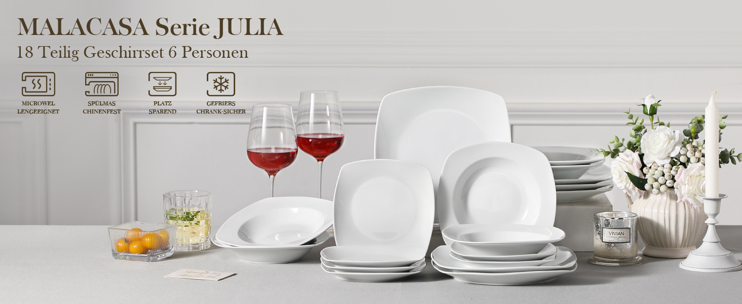 MALACASA Серія Julia, Набір посуду Teller Set 12 осіб, Сучасний KLEIN, 36-ти частинний сервіз з порцеляни, 12 тарілок для їжі, 12 десертних тарілок, 12 супових тарілок сіро-білий, 36 частин