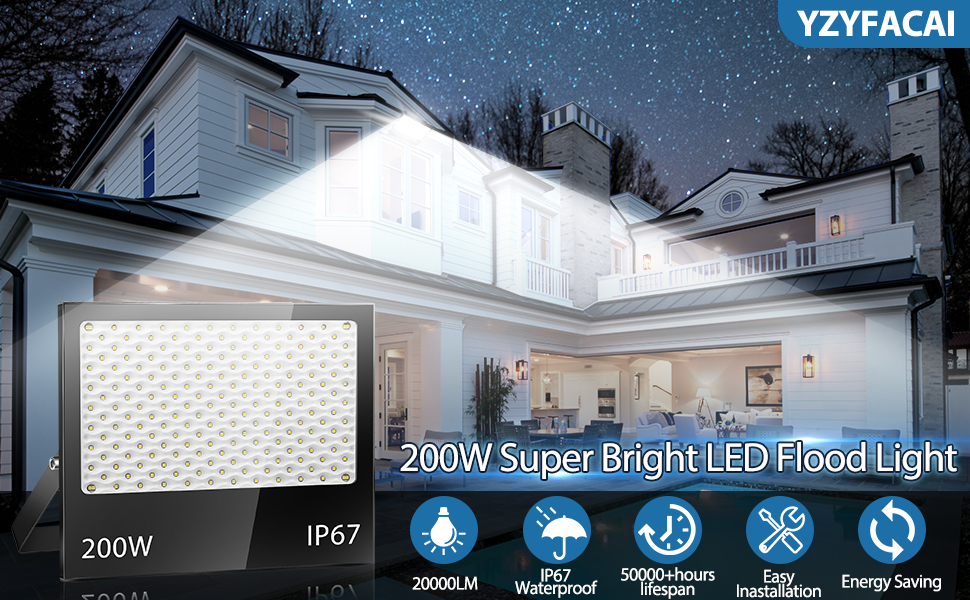 200Вт LED прожектор для вулиці, 20000Лм, 7000K холодне біле світло, IP67 водонепроникний, для подвір'я, гаража, саду