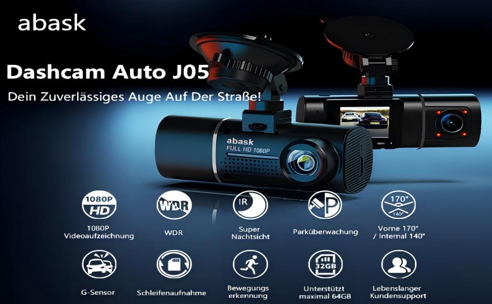 Dashcam Abask J05: Автомобільна камера 1080P з SD 32GB, 310° кут огляду, Park Watch, HDR, Інфрачервоне нічне бачення, G-сенсор, Loop Recording