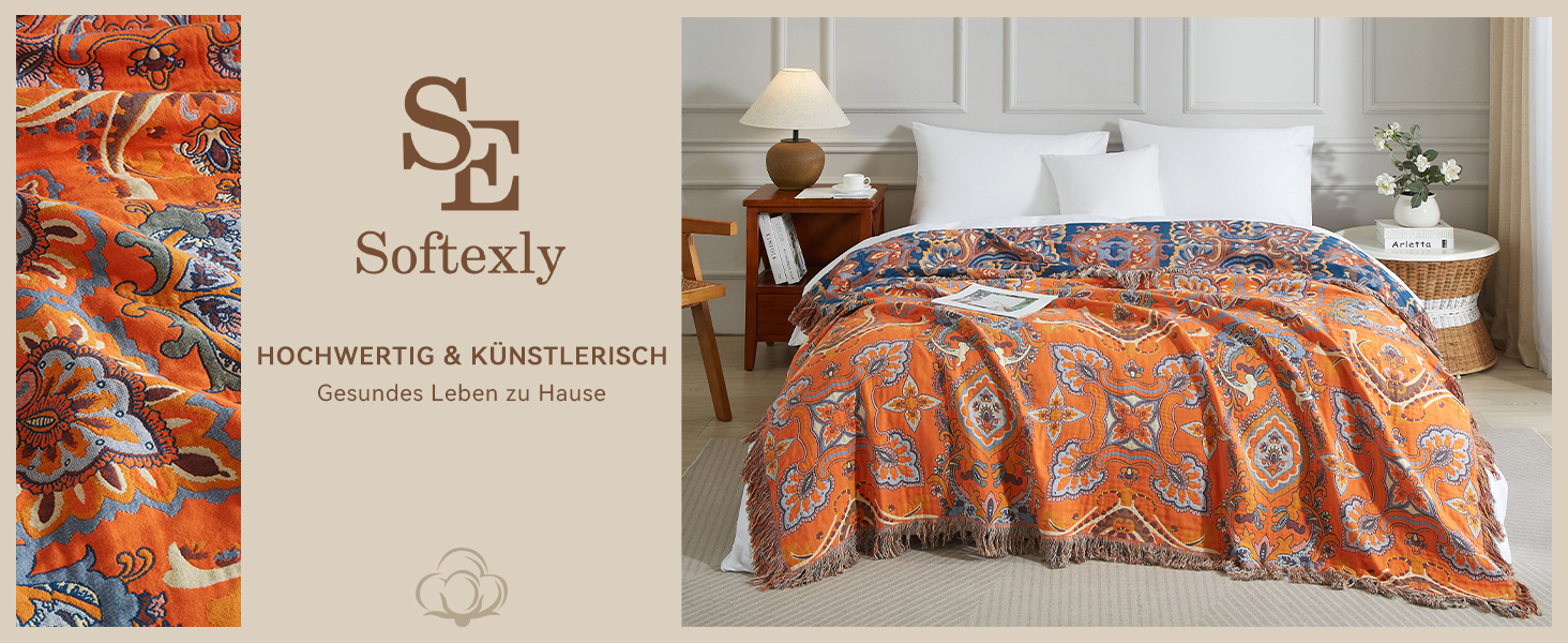 Богемна ковдра Boho Decke 100% бавовна – двостороння муслінова ковдра 150x200 см, м'яка софа/ковдра та покривало для ліжка, естетичний дизайн, ідеально для вітальні та спальні, помаранчево/блакитний колір, зірковий сон 150 x 200 см