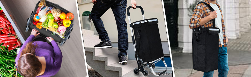 Тролей для покупок Vounot з алюмінію, для підйому сходами, складаний, з 6 колесами та відділенням для охолодження, водовідштовхувальний, 58L, чорний