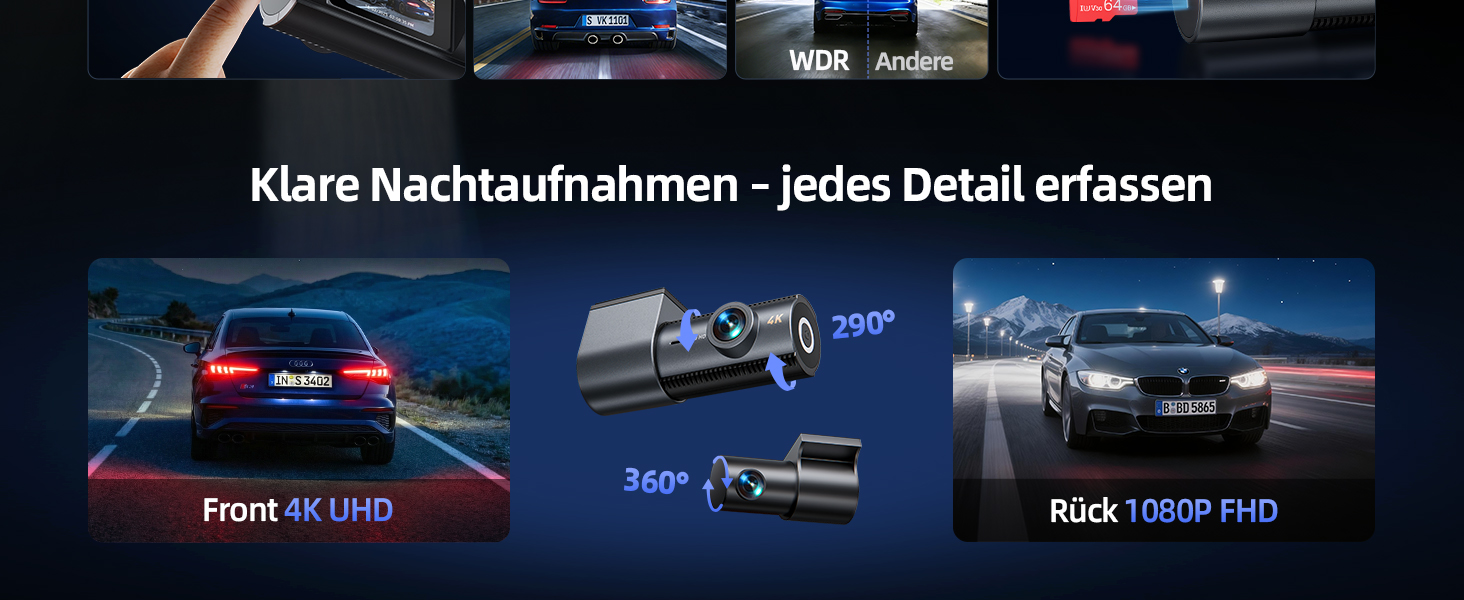 Відеореєстратор автомобільний 4K+1080P Dashcam з Wi-Fi, SD 64GB, нічна зйомка, G-сенсор, паркування