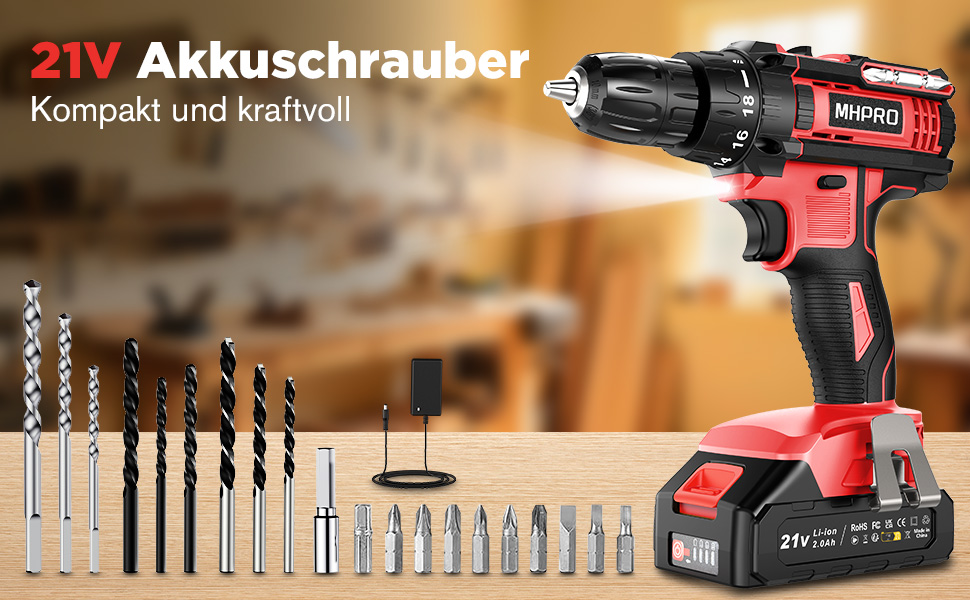 Акумуляторний шуруповерт 21V з набором 2 акумуляторів та 14 аксесуарів, кейс, 42Nm, 18+1 режимів, 2 швидкості, патрон 10мм, для дому (21VEU-1Akku)