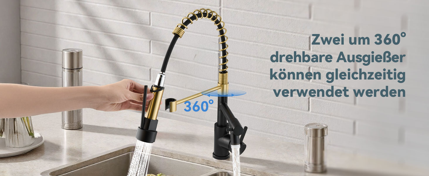 Кран кухонний LED Warmiehomy професійний, 360° поворотний, з двома виливами, високий вигин, спіральна пружина, для мийки, брашований нікель (чорний та золотий)