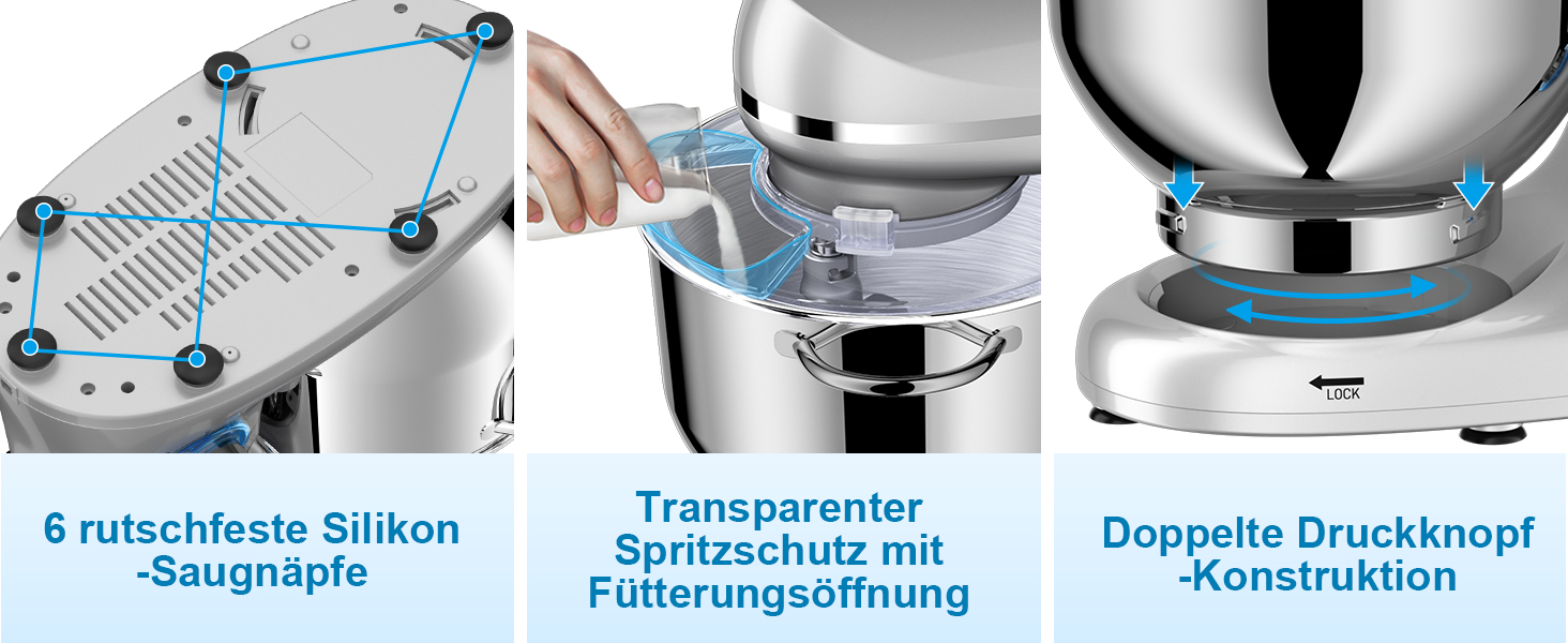 Кухонний комбайн-міксер 1500W з чашею з нержавіючої сталі 7л, планетарний міксер для тіста з 6 швидкостями та набором насадок (гак, вінчик, міксер), сріблястий