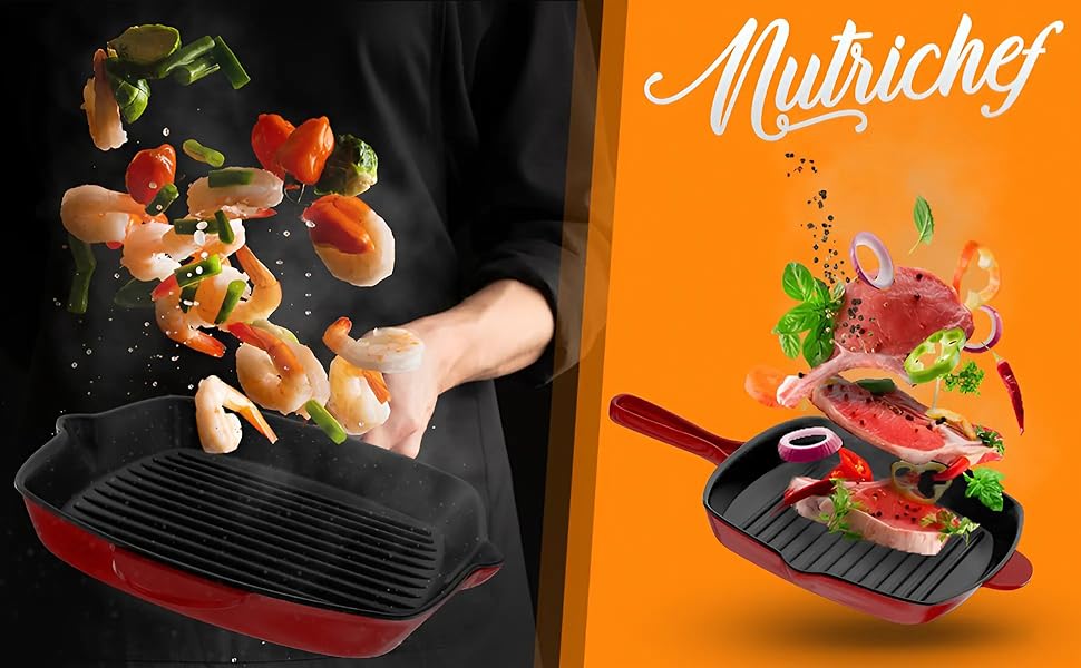 Гриль-сковорода NutriChef 30x43 см, чавунна, індукційна, антипригарна, квадратна для стейків, з носиками для зливу, міцна, червона