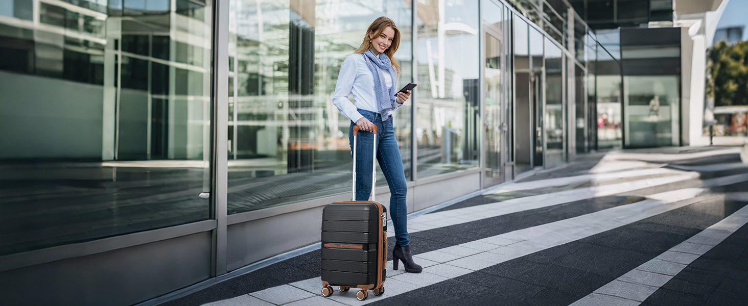 Чемодан туристичний British Traveller середнього розміру, 66 * 43.3 * 28.5 см, з TSA-замком, 8 коліс, з жорстким корпусом з PP, бежевий (чорний)