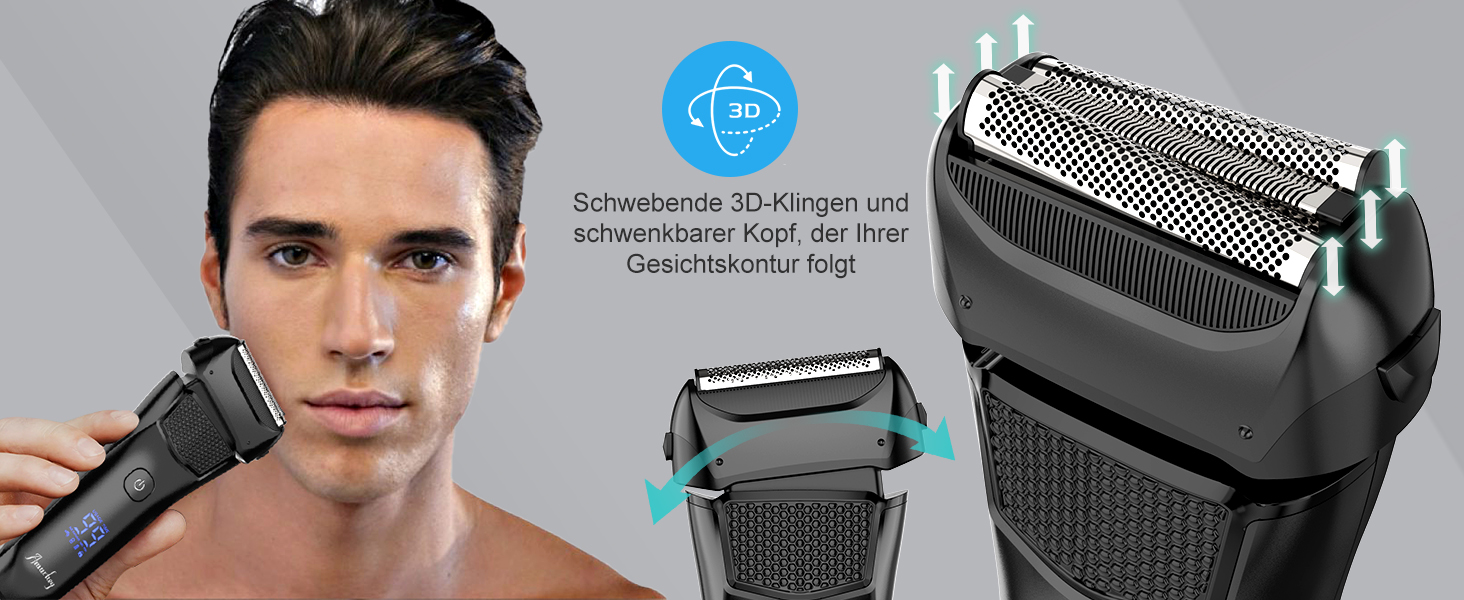 Електрична бритва чоловіча з 3 гнучкими лезами та чохлом для подорожей, тример для точного гоління, вологостійка/суха, 120 хв роботи, акумуляторна, подарунок для чоловіків, чорна