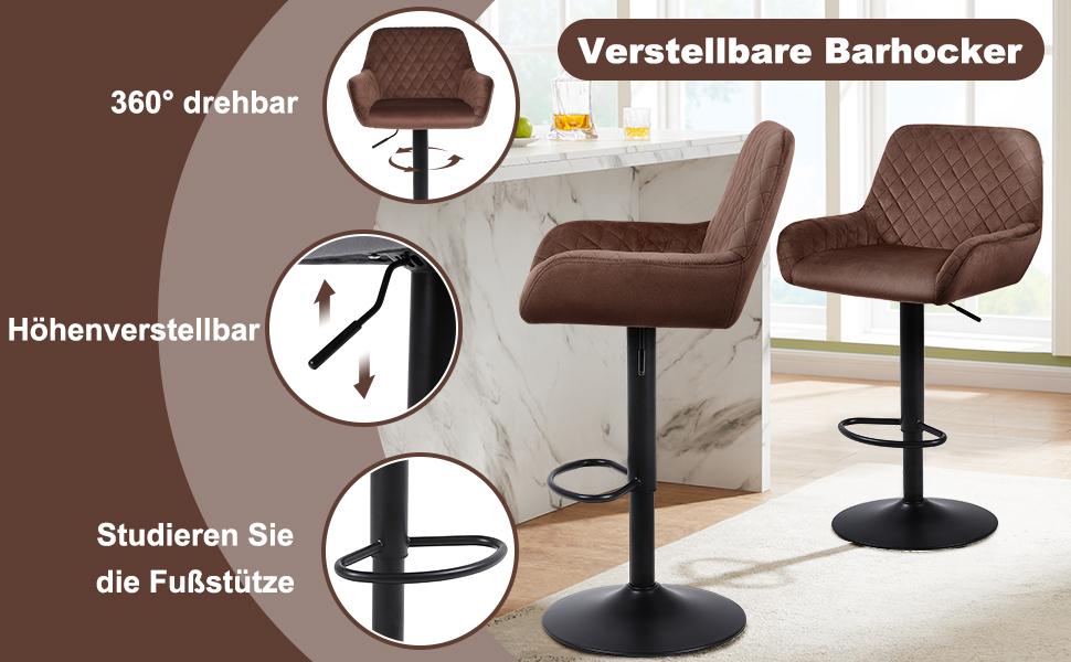 Ralex Adjustable Swivel Bar Stools 2-Pack - Velvet Upholstered Counter Height Stools with Backrest & Armrests for Kitchen, Bar & Countertops (Brown)
