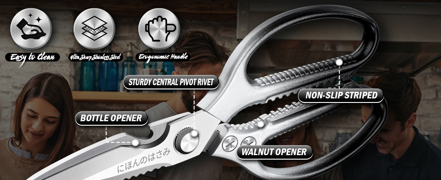 Набір кухонних ножиць DRAGON RIOT Stabile: 2 шт. з японської сталі, для м'яса та птиці, чорний колір, з нержавіючої сталі