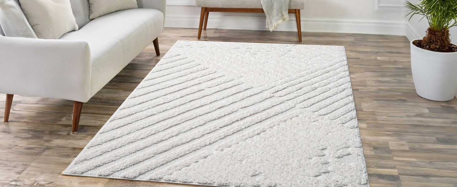 Килим для вітальні та спальні 120x170 см, кремовий, з високим ворсом, візерунок ромбі, 3D-ефект, стиль бохо/сканді