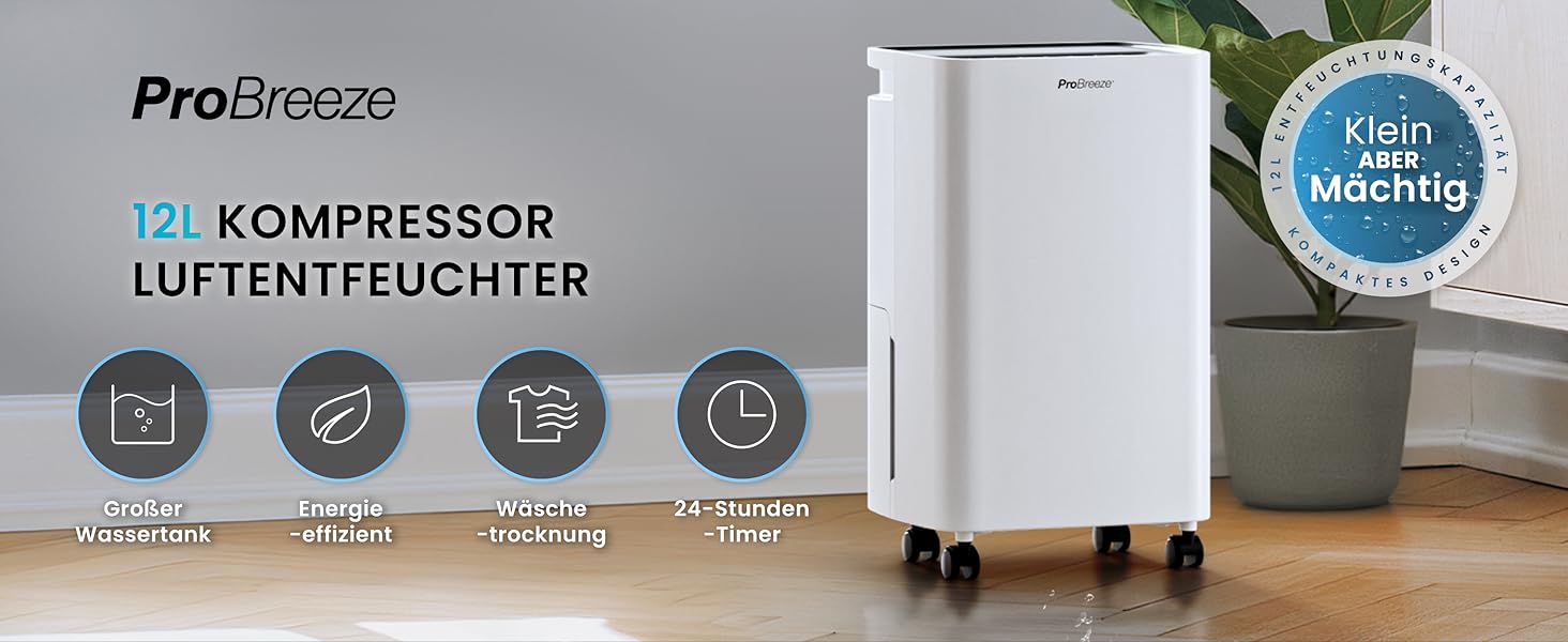Електричний осушувач повітря ProBreeze 12L - Осушувач ProBreeze для дому, 20 м², з таймером та датчиком вологості