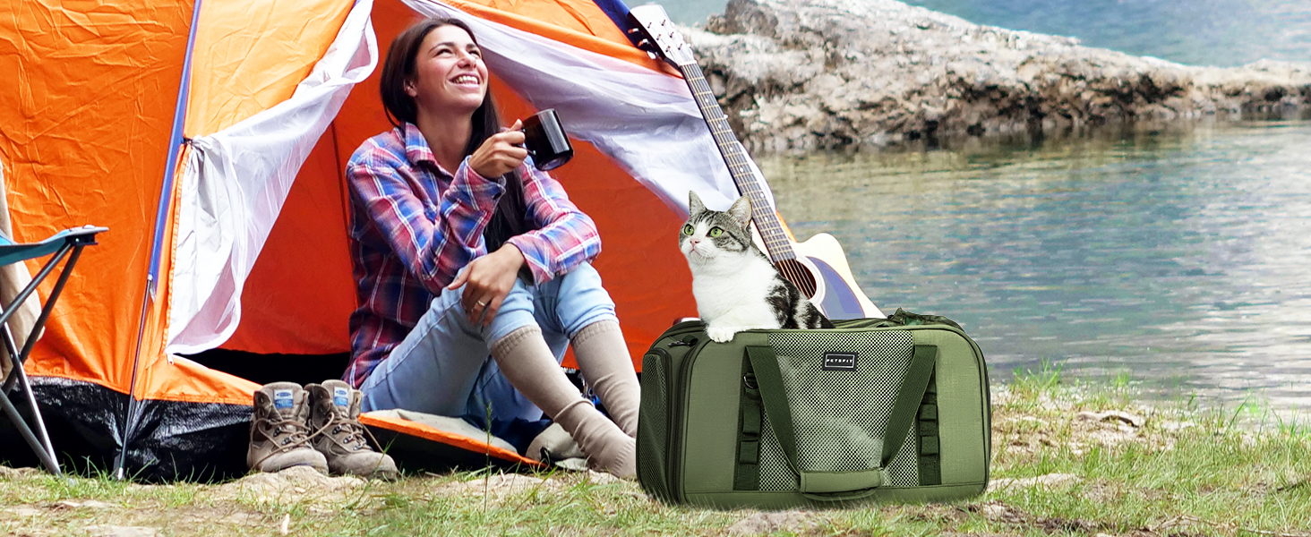 Транспортна переноска для кота та собаки Petsfit - міцна, дихаюча, з ковдрою та ручкою-телескопом, оливковий (49x23x28 см)