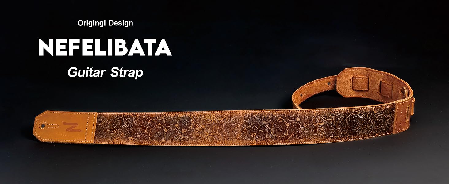 Шкіряний гітарний ремінь Nefelibata 2.3' з повним покриттям з тисненням Сахари (жовтий) для бас, електро та акустичної гітари