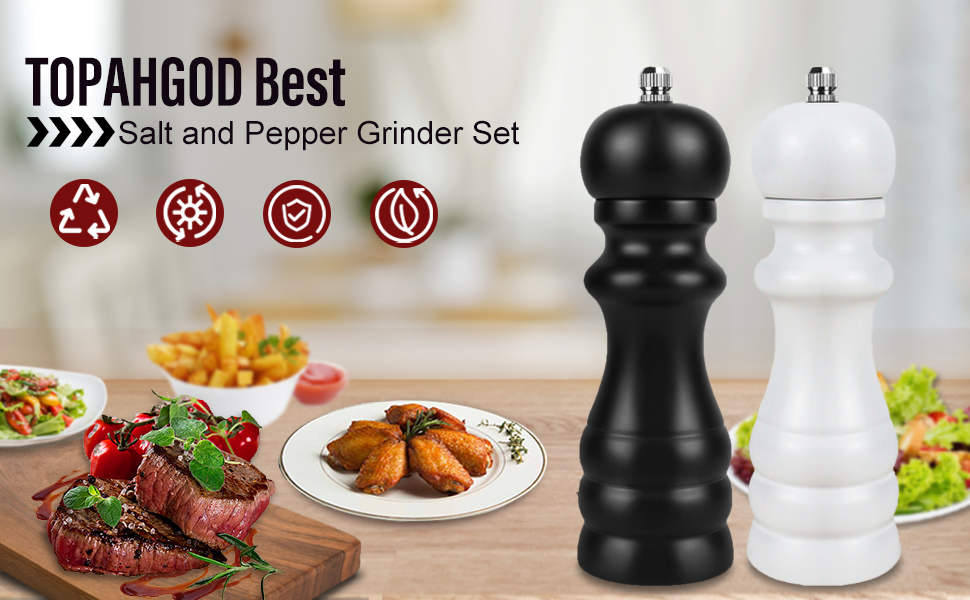 Набір з 2 шт. ручних мельниць для солі, перцю та чилі - дерев'яні солянки та перечниці, класичне регулювання помелу, для солі, перцю, чилі, чорний та білий колір