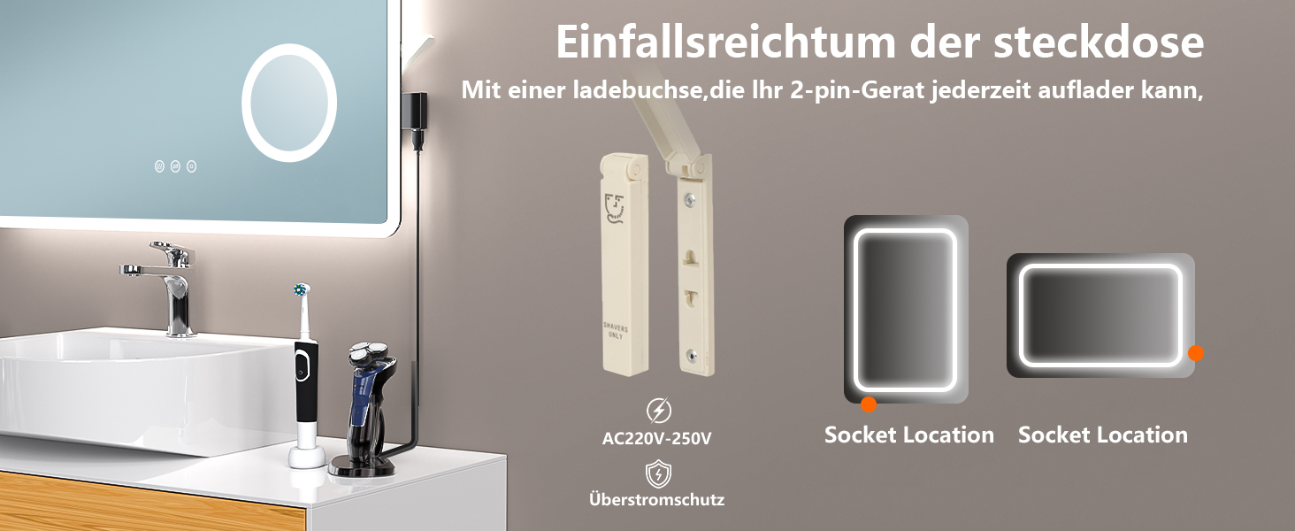 LED дзеркало для ванної кімнати 80x60 см з підсвічуванням, 3 кольори, регулювання яскравості, антизапарник, годинник, 3x збільшення, розетка