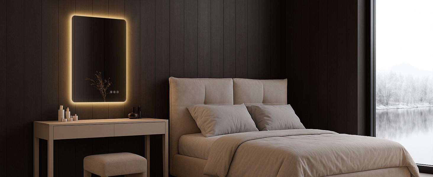 Дзеркало для ванної кімнати з підсвічуванням 50 x 70 см, LED дзеркало з протизапарюючим покриттям, 3 кольори світла, регулювання яскравості, прямокутна форма, сенсорне управління, функція пам'яті, горизонтальне/вертикальне кріплення, без рамки