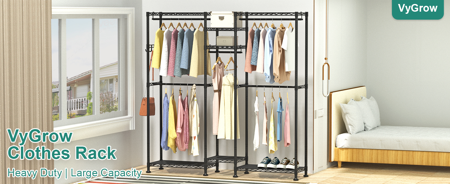 Clothes Rack, Clothes Rack, 4-Tier, Adjustable Closet Organizer System with Drawer | Double Rods | Side Hooks | Holds 445 lbs (L-shaped Clothes Rack for Corners)
