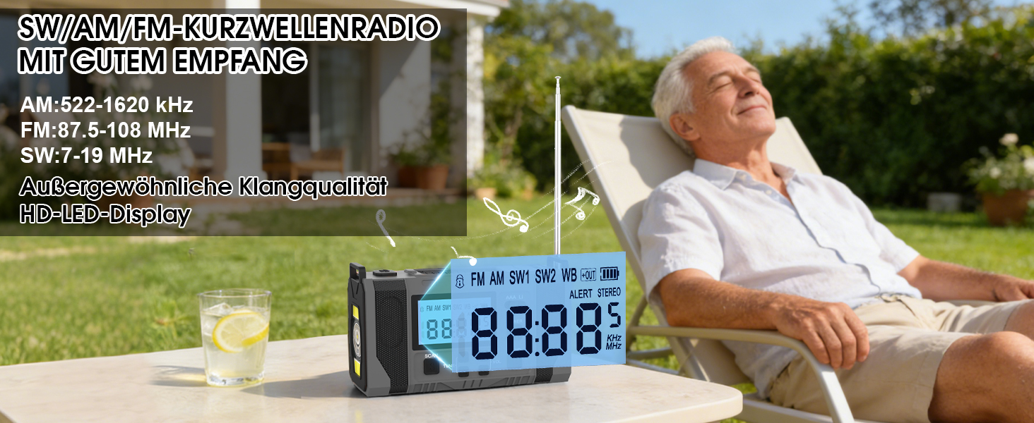 Сонячне радіо з ручним заводом 10000mAh Notfall: AM/FM, ліхтарик, SOS-сигнал, Power Bank, зарядка від сонця/USB/ручки, для кемпінгу, походу, надзвичайних ситуацій, сірий
