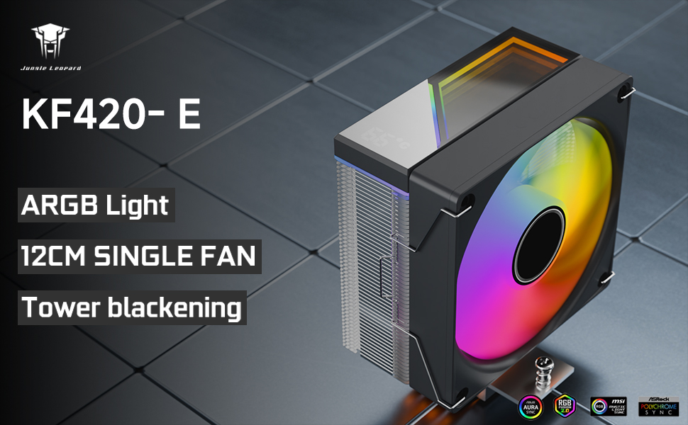 Кулер для CPU Jungle Leopard KF420E з дисплеєм температури, 4 heat pipes, 1800RPM ARGB PWM вентилятор, для LGA 115X/1200/1700/1366/2011/1851, AM4/AM5 (Чорний)