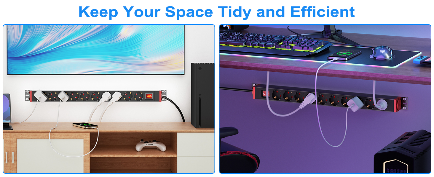 Мережевий фільтр 10 розеток з захистом від перенапруги, з вимикачем та поворотними кріпленнями, чорний, металевий корпус