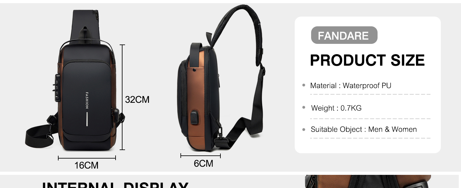 Сумка-слінг FANDARE 2026 з USB-зарядкою, захистом паролем та водонепроникним корпусом. Ідеальна для подорожей, прогулянок та бізнесу. Кілька відділень, зручна через плече, блакитна.