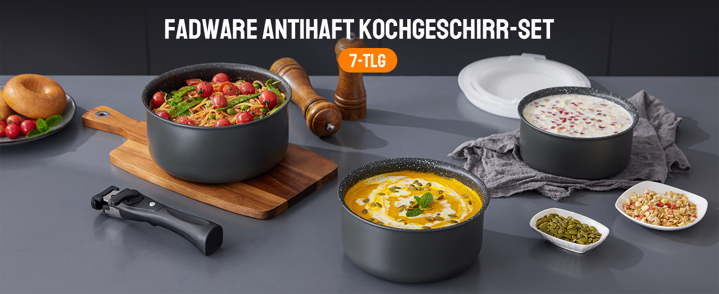 Набір каструль Fadware з знімною ручкою, 16/18/20 см, 3 кришки, антипригарне індукційне покриття, підходить для всіх плит, можна використовувати в духовці