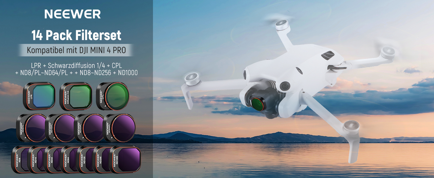 Набір фільтрів NEEWER ND&CPL для DJI Mini 4 Pro: 6 шт. (ND8, ND16, ND32, ND64, ND128, CPL) з ультратонким рамкою. Фільтри для дрона з HD склом, комплект