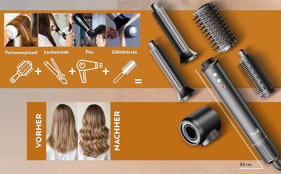 Мультистайлер 5-в-1 – плойка, фен-щітка з 110 000 обертів/хв – щітка для волосся з гарячим повітрям/фен-щітка/стайлер для великих локонів, об'єму та гладкого волосся – іонізатор для волосся з 5 насадками