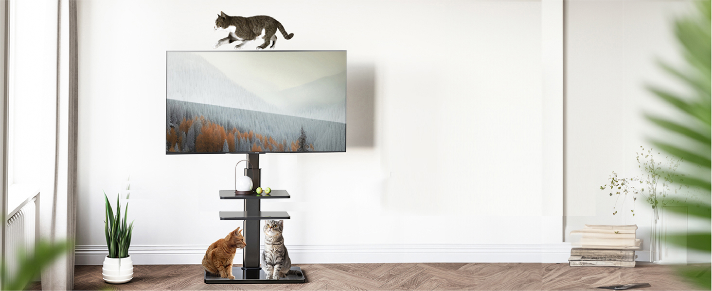 AOKCOS TV Stand for 32-70 inch Flat & Curved TVs - Adjustable Height, Swivel, Tilt, 3-Tier Shelves, VESA 400x400, up to 40kg (White/Black)
