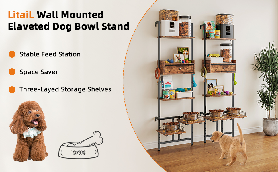 Підвищена годівниця для собак з місцем для зберігання та двома антиковзними килимками, для великих собак, регульована висота, настінний монтаж, колір вінтажний коричневий