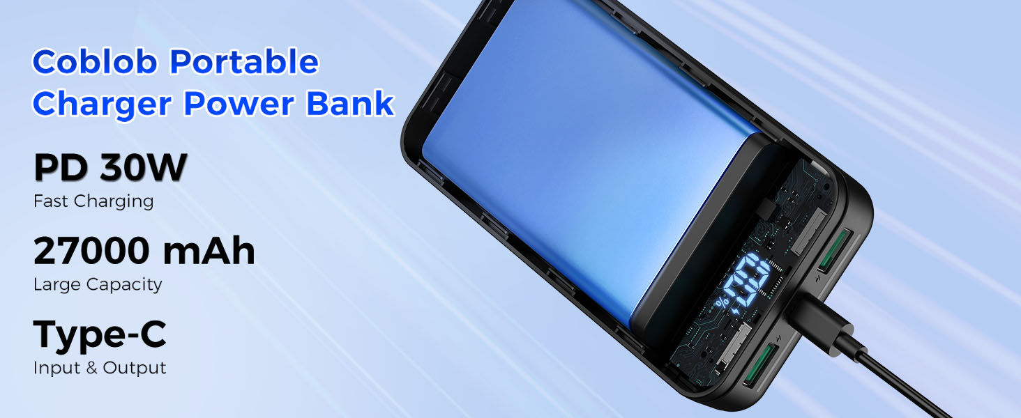 Power Bank Coblob 27000mAh з LED дисплеєм, 3 виходи, 2 входи, чорний