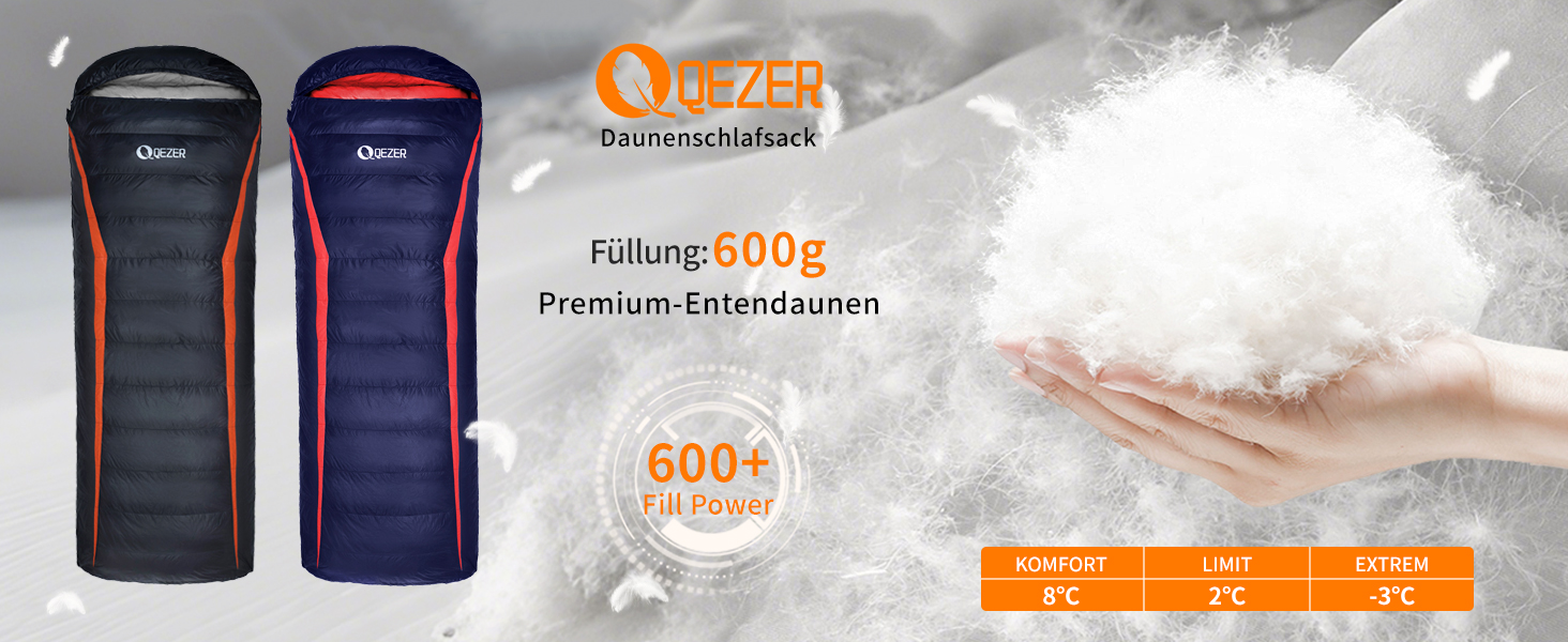 QEZER Ultralight Down Sleeping Bag - 8°C to -3°C for Camping, Hiking, and Trekking - 3 Season Outdoor Sleeping Bag