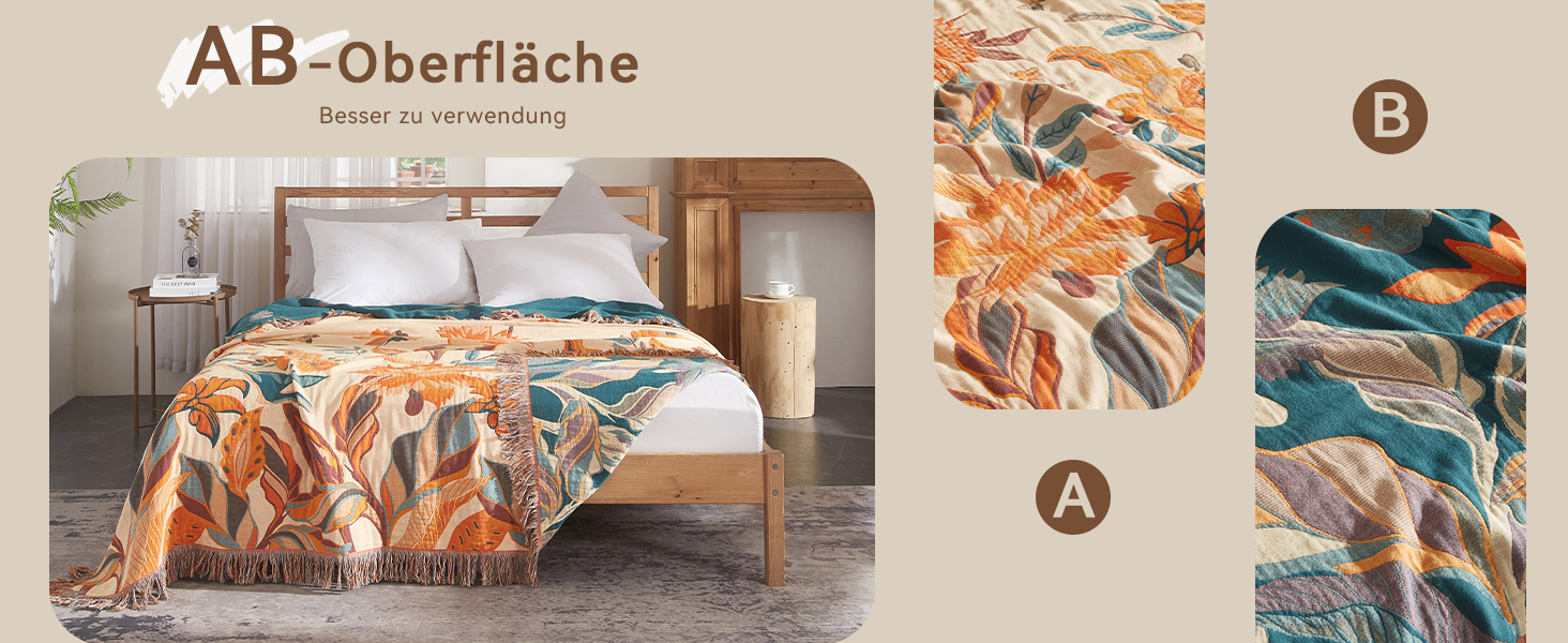 Богемна ковдра Softexly Boho Decke 100% бавовна – двостороння муслінова ковдра 150x200 см, м'яка софа та покривало для ліжка, естетичний дизайн, ідеально підходить для вітальні та спальні, помаранчевий/зелений, Blütentraum