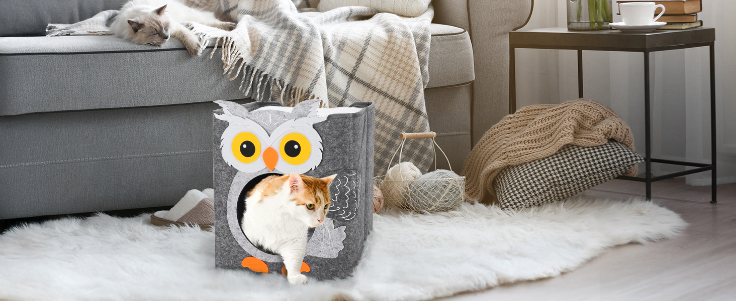 Кігтеточка-будиночок для котів Dripex з 2 поверхів, філц, з подушкою, 30 x 35 x 35 см (Сова)
