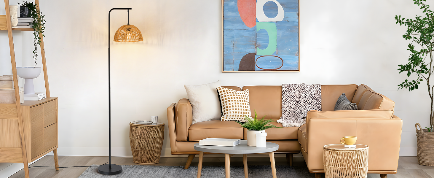 Торшер Rattan Boho - Стильний торшер для вітальні, спальні, тераси, офісу E27 164 см, чорний, з ніжкою-вимикачем