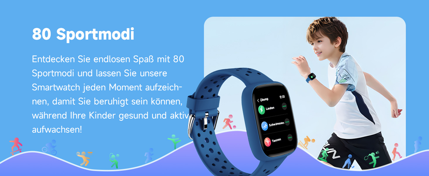 Смарт-годинник BIGGERFIVE для дітей, 1.8' - фітнес-трекер, пульсометр, монітор сну, водонепроникний (IP68), ігри, для дівчаток та хлопчиків 5-16 років, блакитний