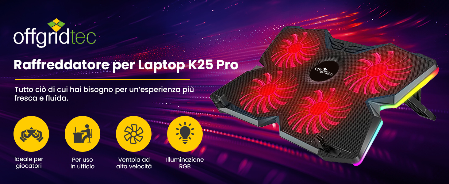 Охолоджувач для ноутбука Offgridtec K25 Pro: підставка з 4 тихими вентиляторами (1100 об/хв), 2 USB-порти, регулювання висоти, ергономічний дизайн для ігрових ноутбуків та консолей 10-17 дюймів, червоний