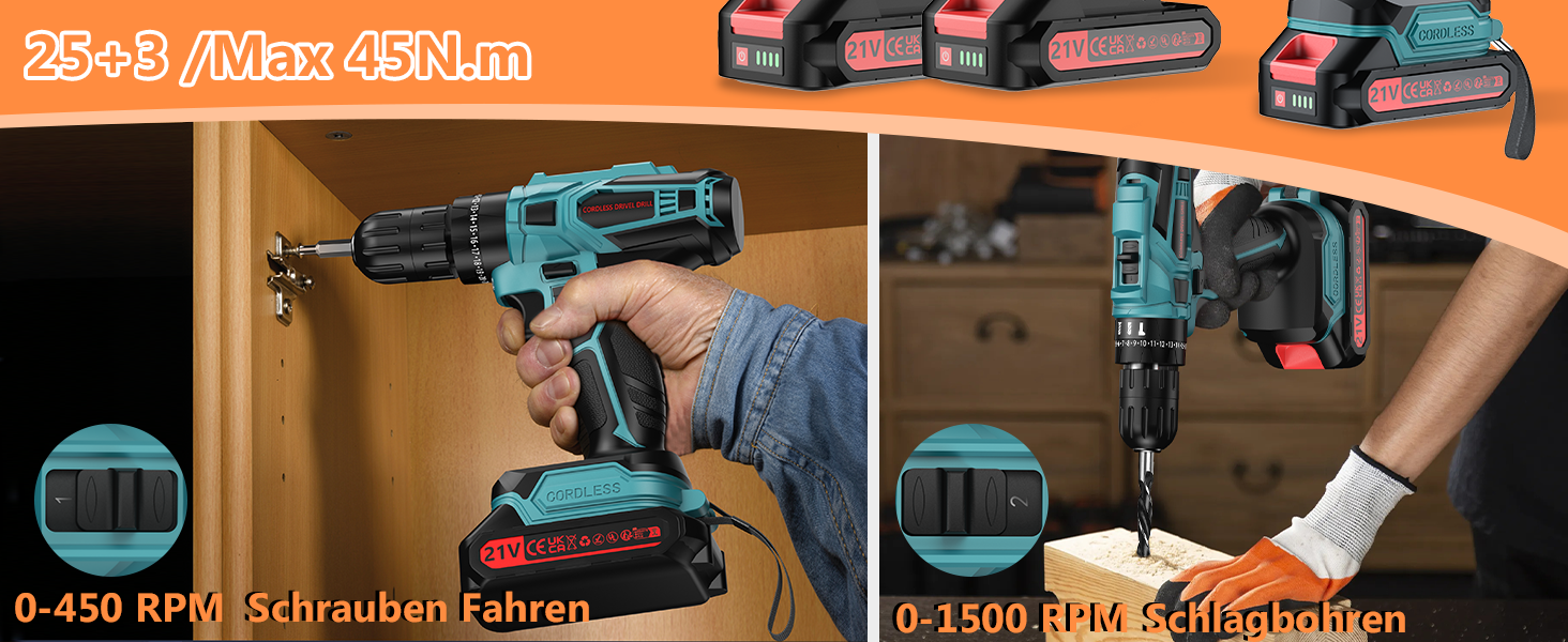 Акумуляторний шурупокрут-дрель 21V з акумулятором 4000mAh, 45Nm, 25+3 ступені, 2 швидкості, LED, 2 акумулятори 2.0Ah та зарядний пристрій, для дому та саду, DIY проєкти (Блакитний)