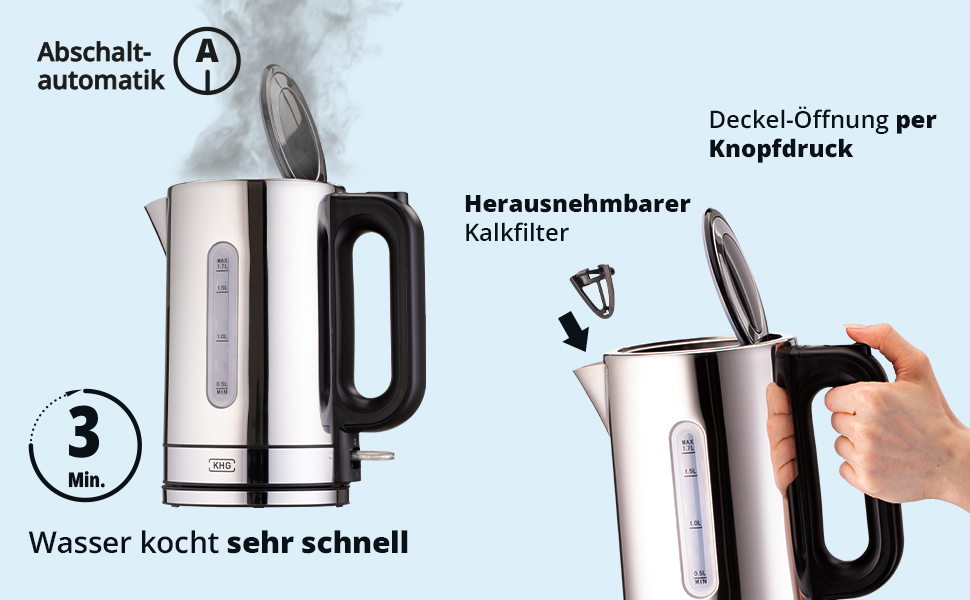 Електричний чайник KHG WK-1702 ES з нержавіючої сталі, 1,7 л, фільтр від накипу, індикатор рівня води, відкривання кнопкою, захист від сухого кипіння, автоматичне відключення, прихований нагрівальний елемент, BPA-free, 2200 Вт