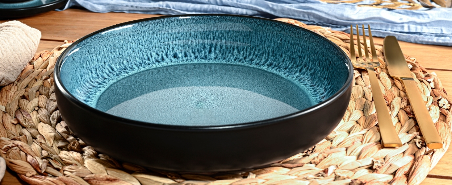 Набір посуду SÄNGER Vigo (18 предметів) | Керамічний набір посуду на 6 осіб | Тарілки, миски, десертні тарілки | Bluе з чорним бордюром, стійкий до подряпин