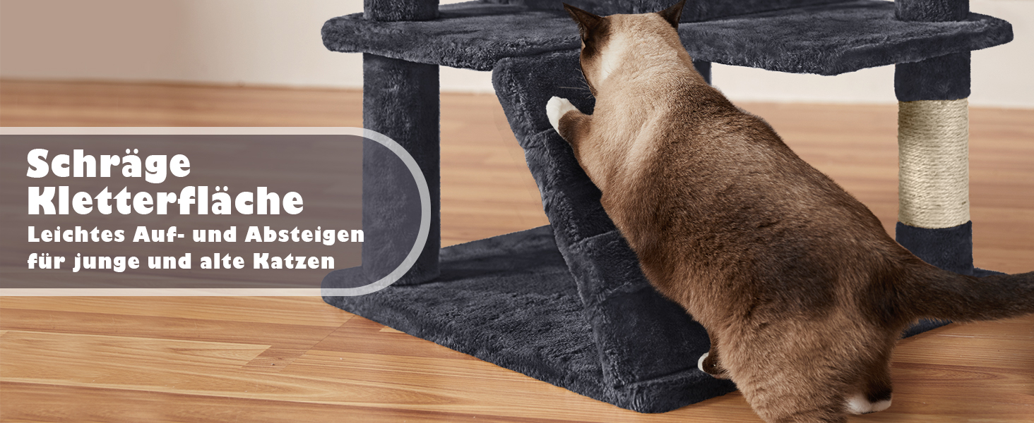 Кігтеточка-кольоротка Yaheetech 139 см, стабільна з 3 платформами, 3 стовпчиками, 2 печерами, плюшеві кульки, чорний колір