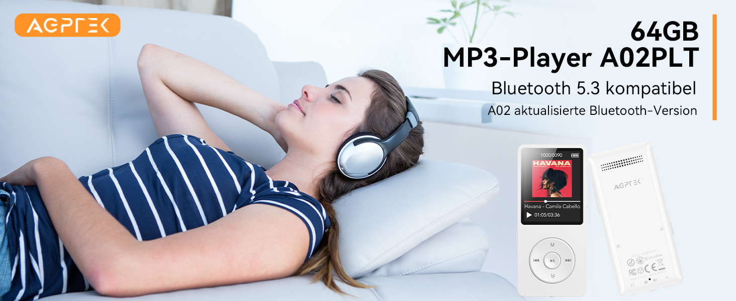 MP3 плеєр AGPTEK 64GB Bluetooth 5.3 з динаміком, радіо FM, підтримкою TF-карти 128GB, білий