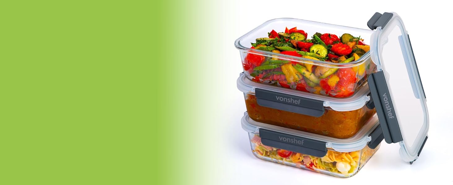Набір контейнерів VonShef для зберігання продуктів – 10 шт., 1050 мл та 370 мл, придатні для духовки та мікрохвильової печі, мийки в посудомийній машині, герметичні та витікання, ідеальні для приготування їжі наперед